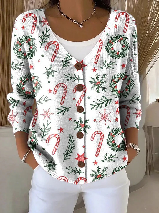 Women Christmas Cardigan Fashion Long Sleeve Button-Up Sweater Casual Streetwear